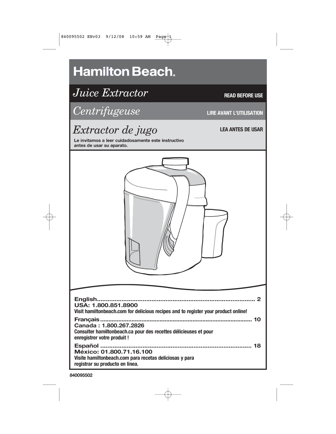 Hamilton Beach 67801 manual Juice Extractor Centrifugeuse 