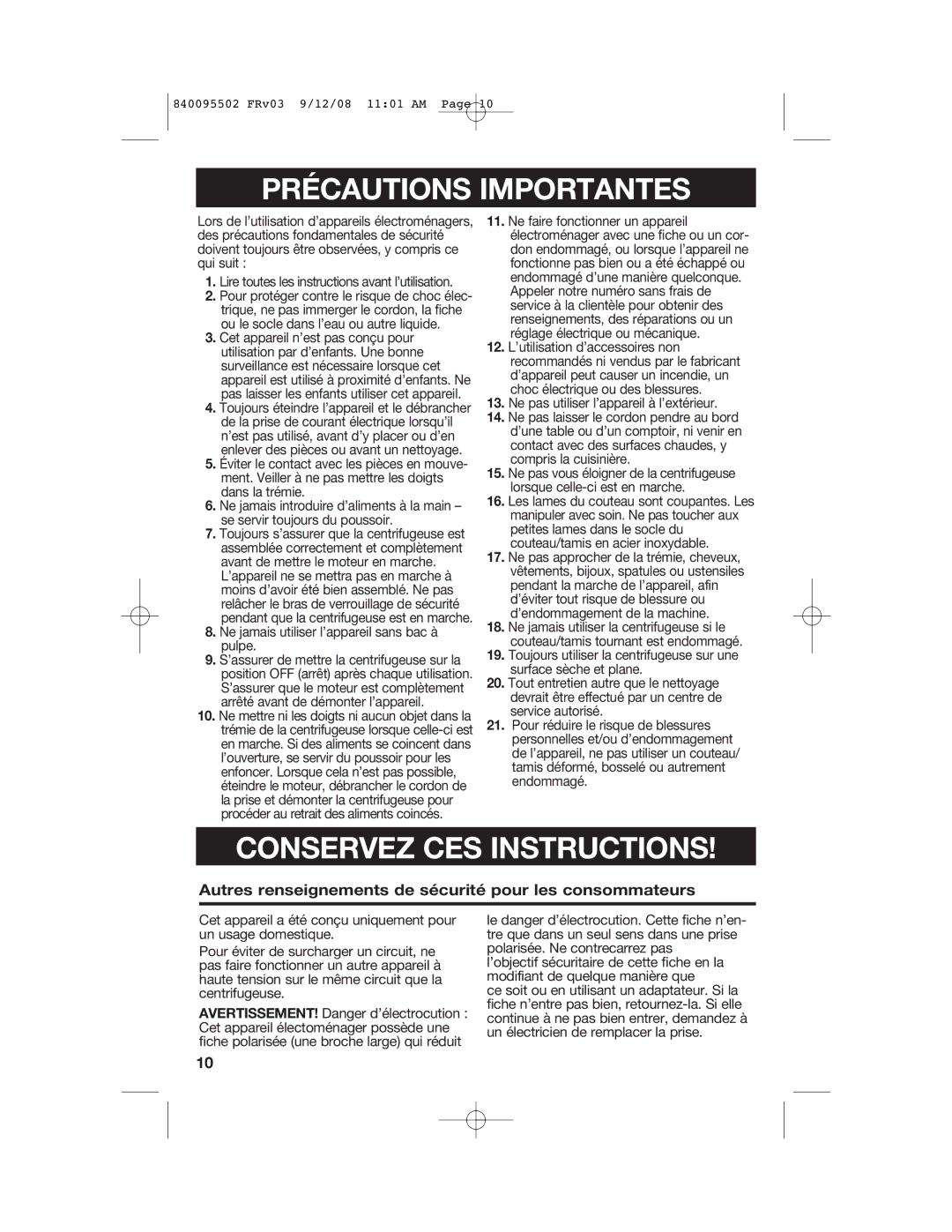 Hamilton Beach 67801 manual Précautions Importantes, Autres renseignements de sécurité pour les consommateurs 