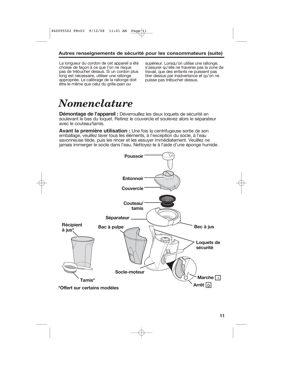 Hamilton Beach 67801 manual Nomenclature, Poussoir Entonnoir Couvercle 