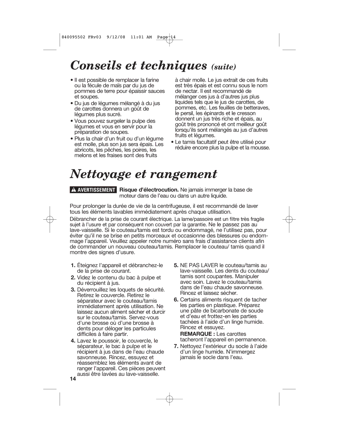 Hamilton Beach 67801 manual Conseils et techniques suite, Nettoyage et rangement 