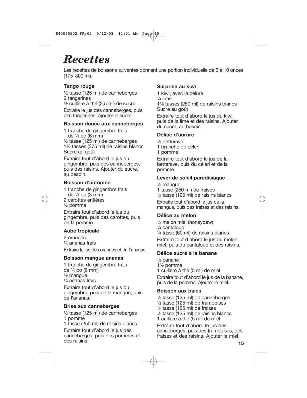 Hamilton Beach 67801 manual Recettes 