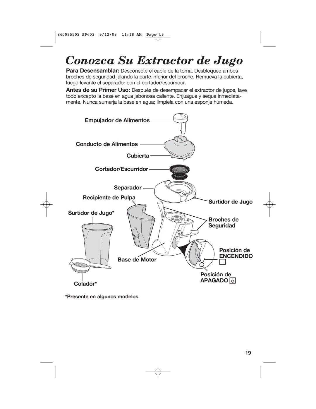 Hamilton Beach 67801 manual Conozca Su Extractor de Jugo, Presente en algunos modelos 