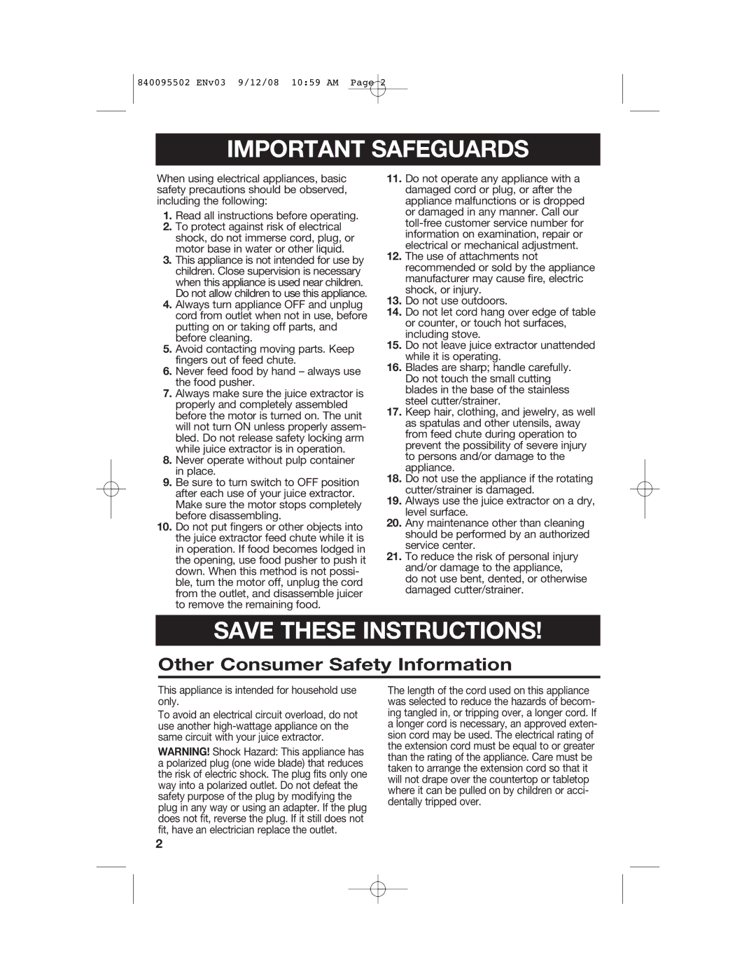 Hamilton Beach 67801 manual Important Safeguards 