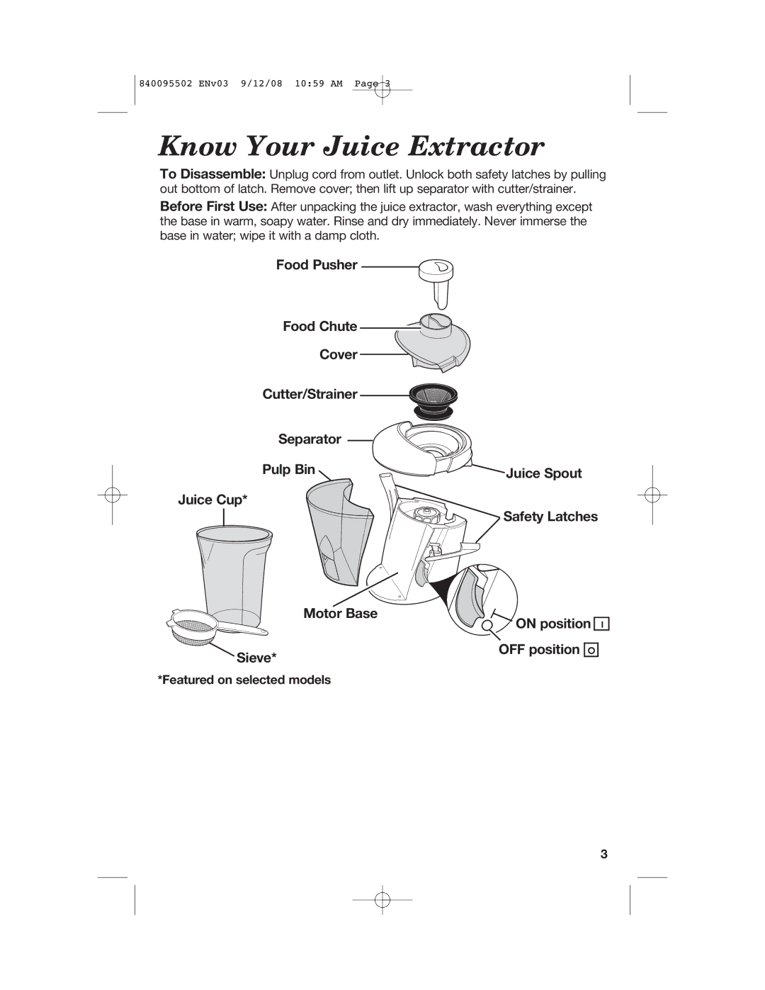 Hamilton Beach 67801 manual Know Your Juice Extractor, Safety Latches, Featured on selected models 