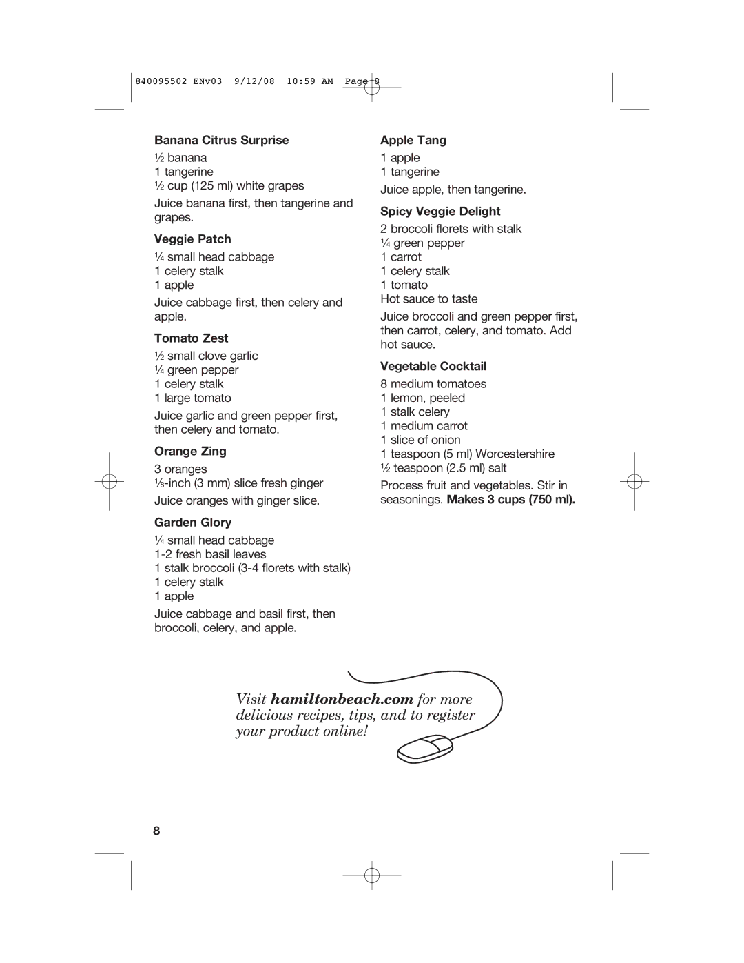 Hamilton Beach 67801 manual Banana Citrus Surprise, Veggie Patch, Tomato Zest, Orange Zing, Garden Glory, Apple Tang 