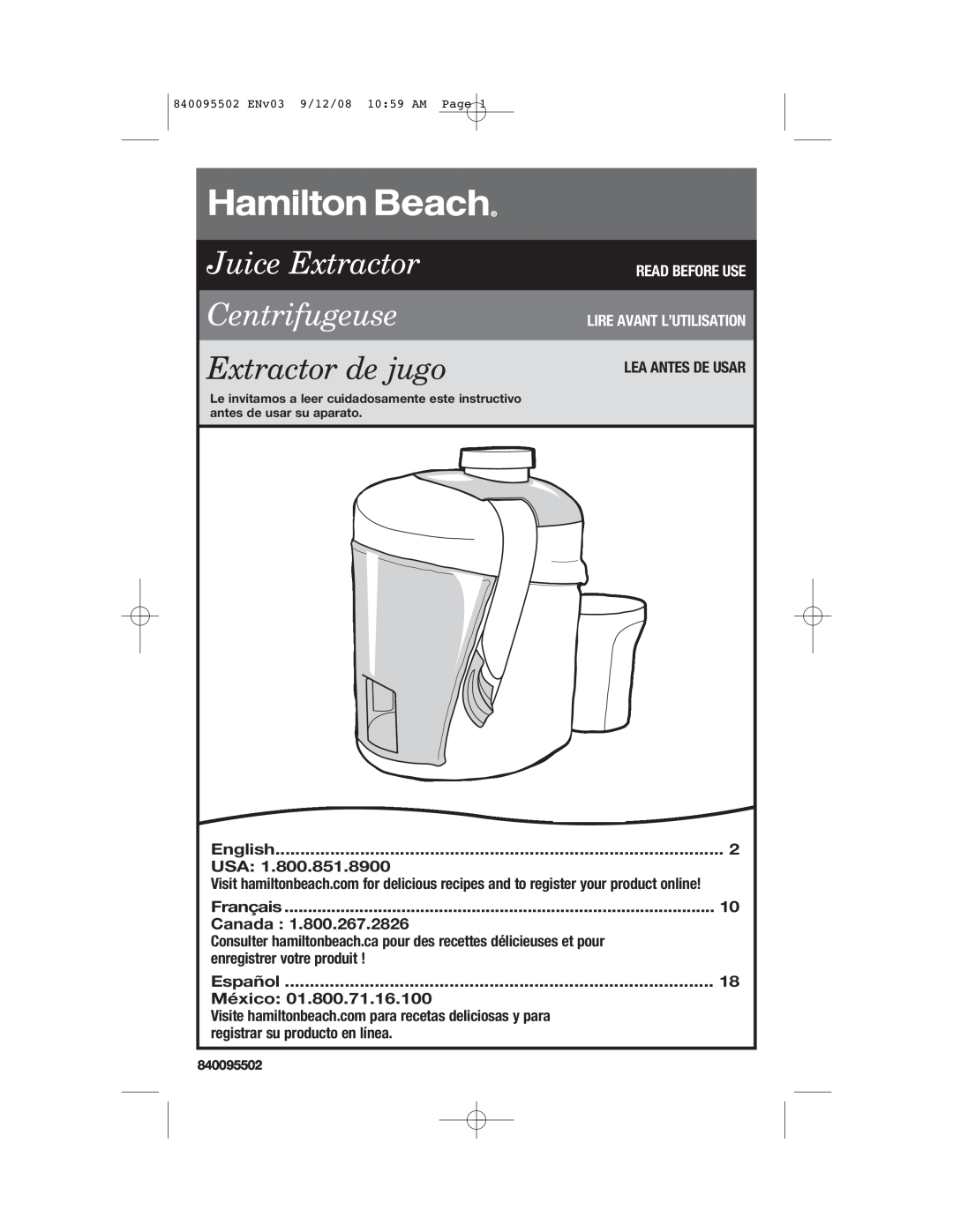Hamilton Beach 67801 manual Juice Extractor Centrifugeuse, Extractor de jugo, Read Before Use Lire Avant L’Utilisation 
