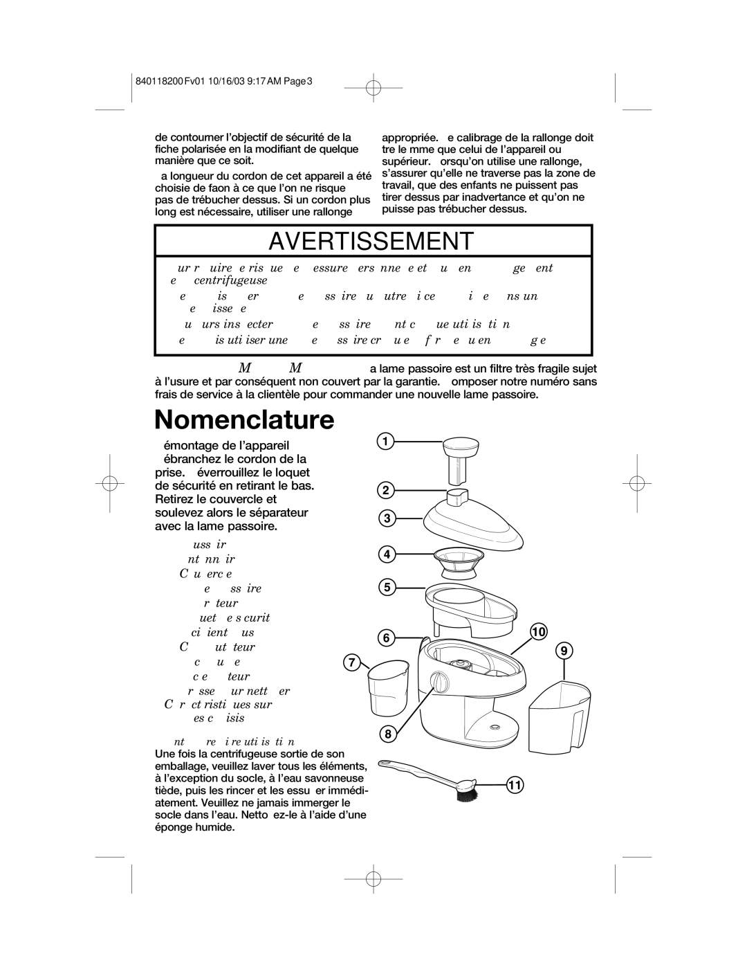 Hamilton Beach 67900 manual Nomenclature, Wavertissement 