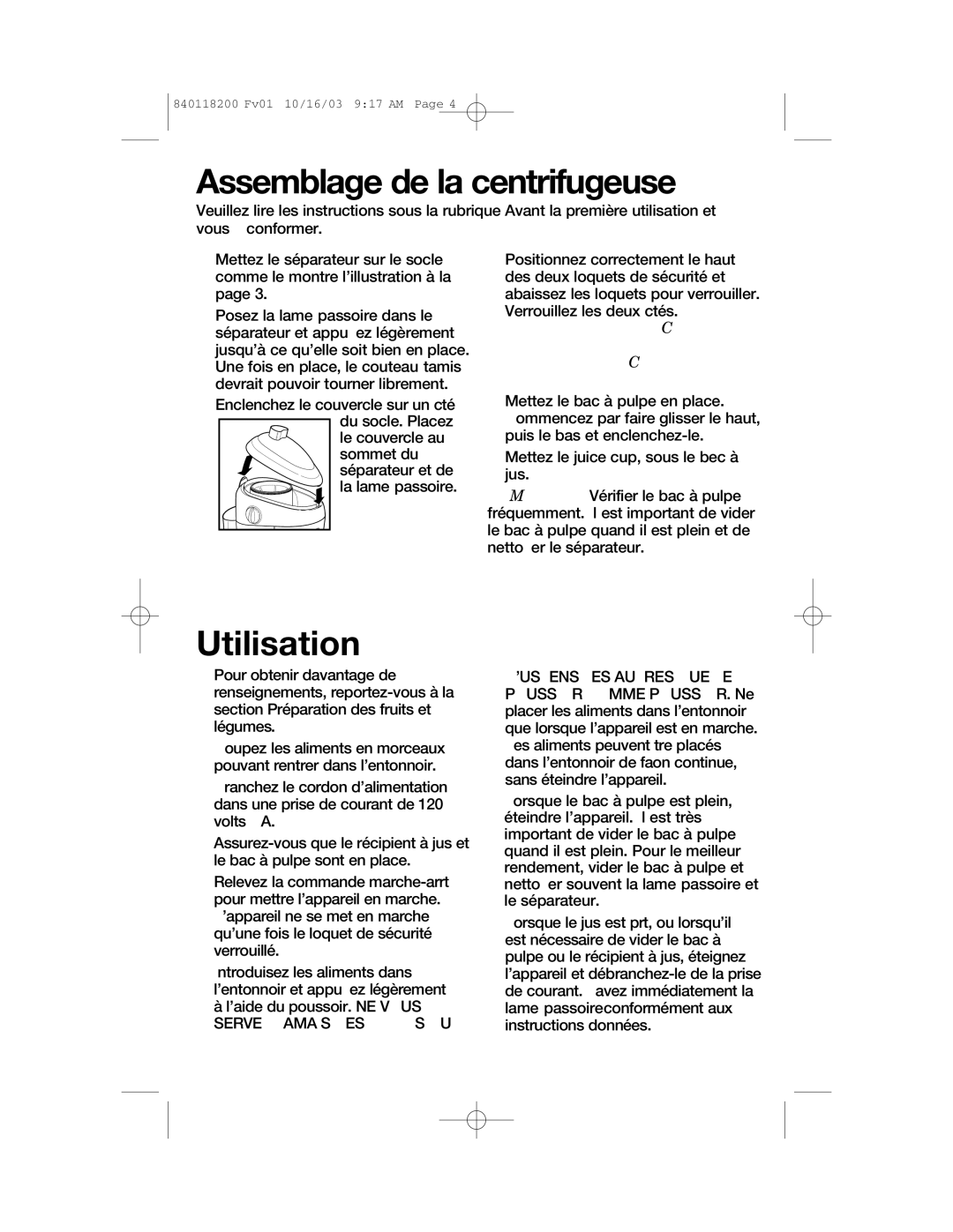 Hamilton Beach 67900 manual Assemblage de la centrifugeuse, Utilisation 