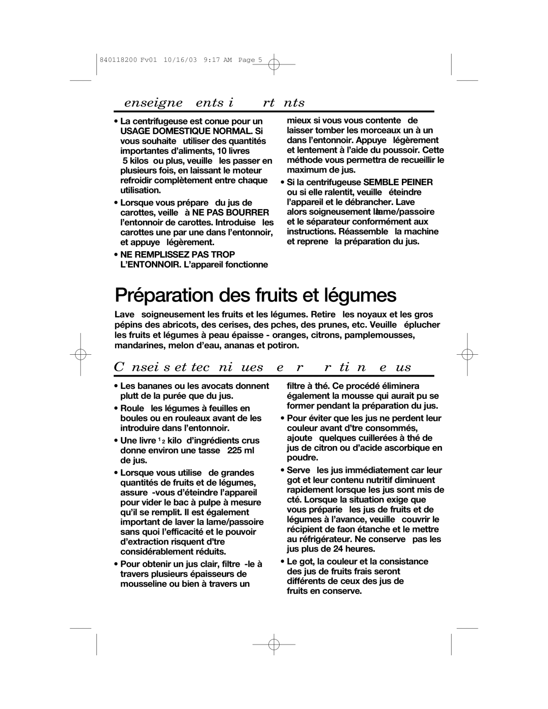 Hamilton Beach 67900 manual Préparation des fruits et légumes, Renseignements importants 