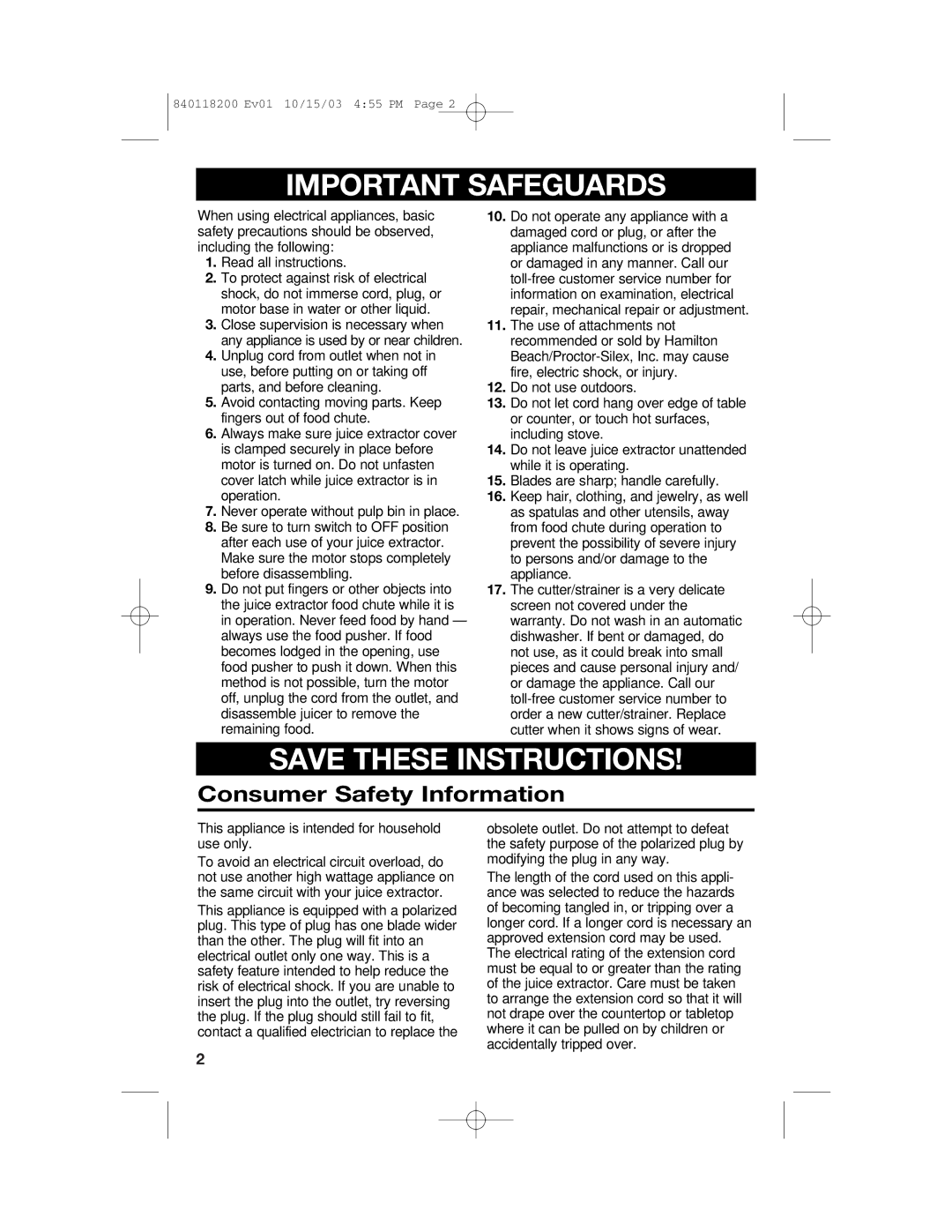 Hamilton Beach 67900 manual Important Safeguards 