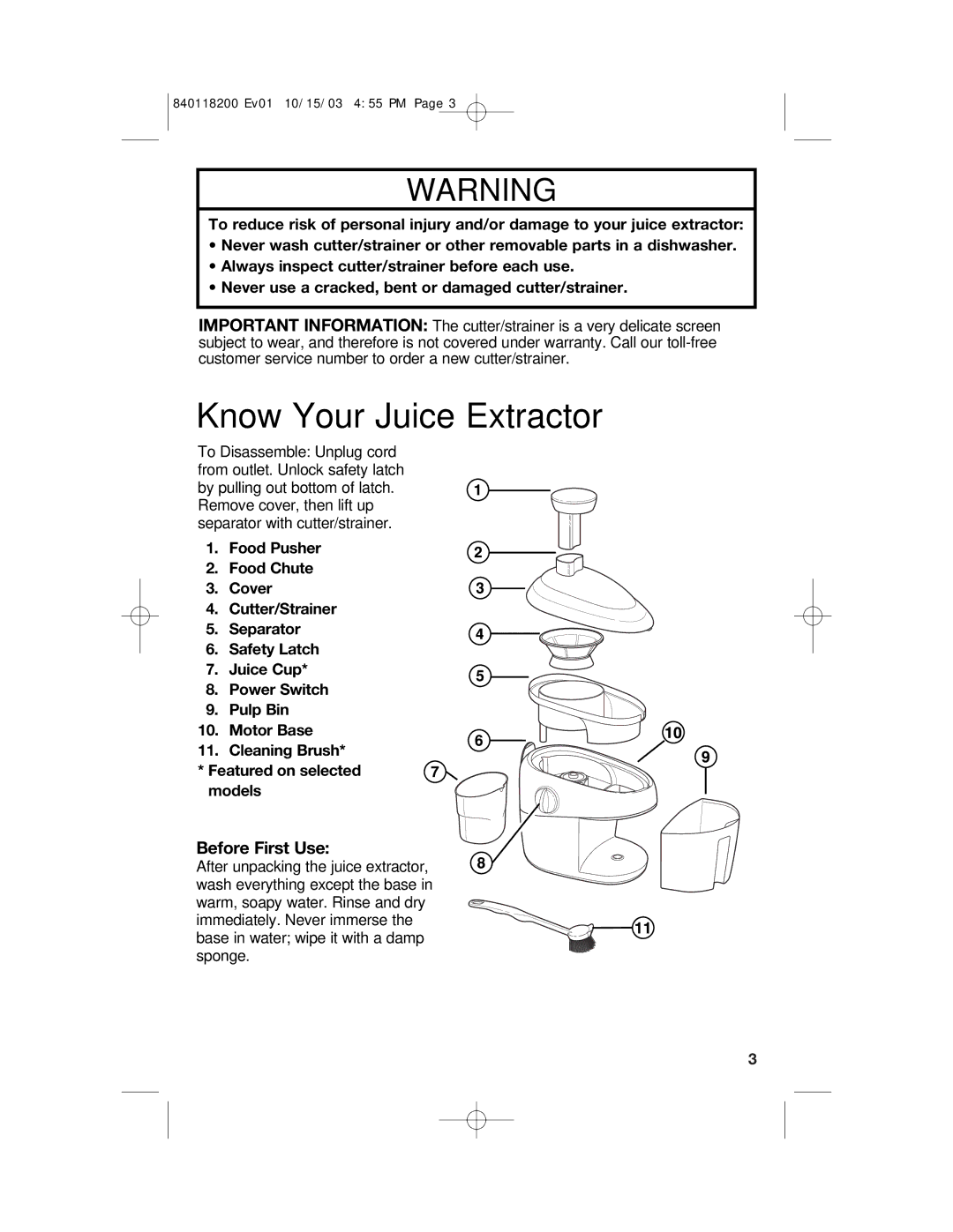 Hamilton Beach 67900 manual Know Your Juice Extractor, Wwarning 