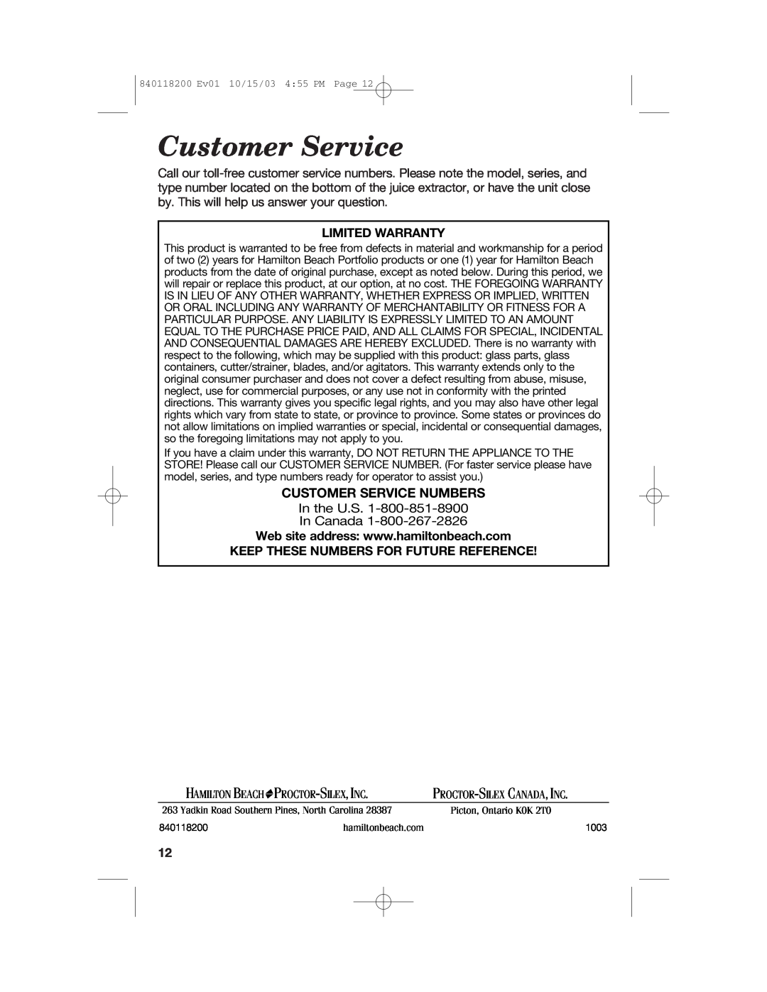 Hamilton Beach 67900 manual Customer Service Numbers, Proctor-Silex,Inc 
