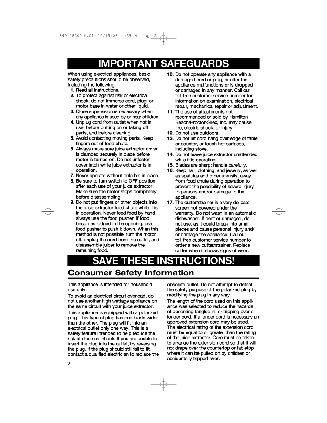 Hamilton Beach 67900 manual Important Safeguards, Save These Instructions, Consumer Safety Information 