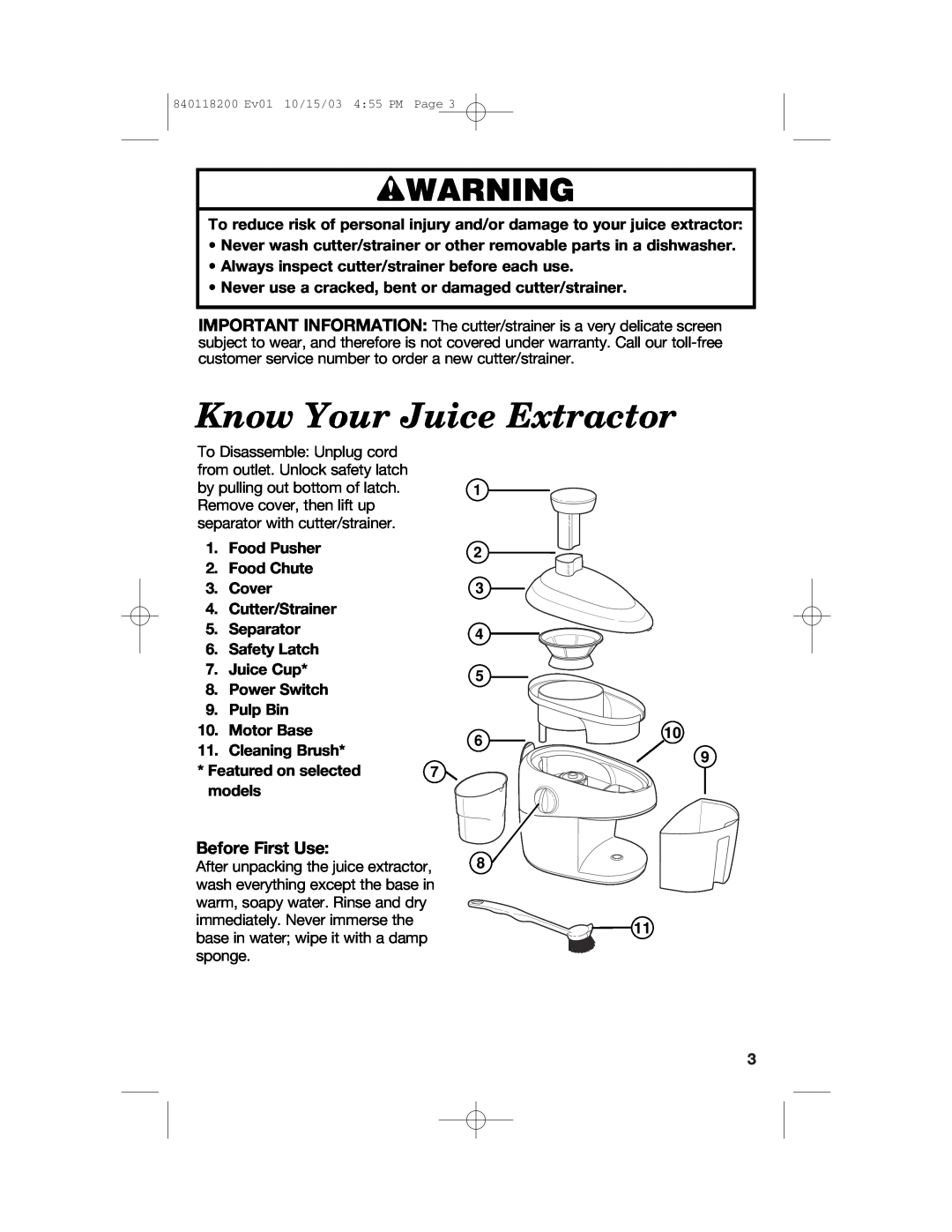 Hamilton Beach 67900 manual Know Your Juice Extractor, wWARNING, Before First Use 