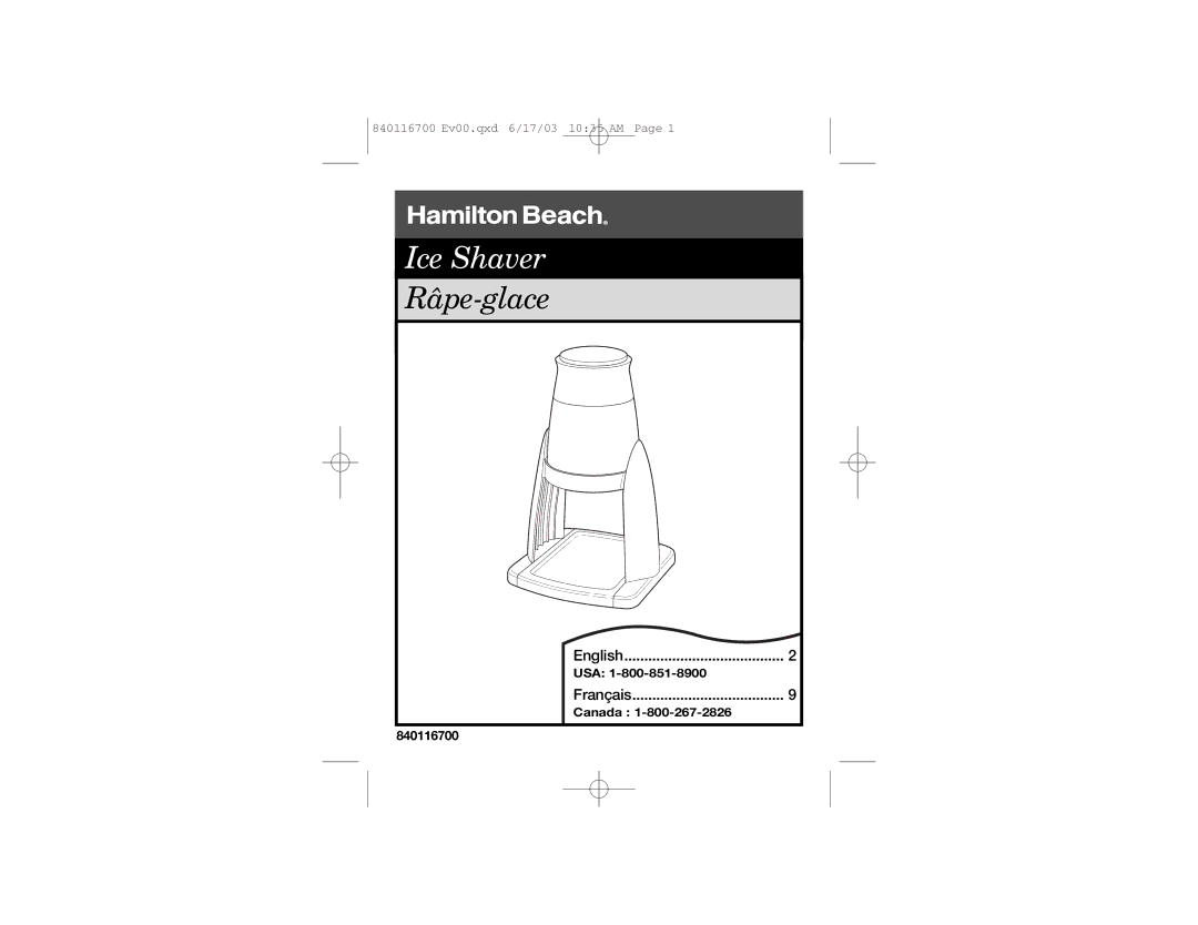 Hamilton Beach 68010 manual Ice Shaver 