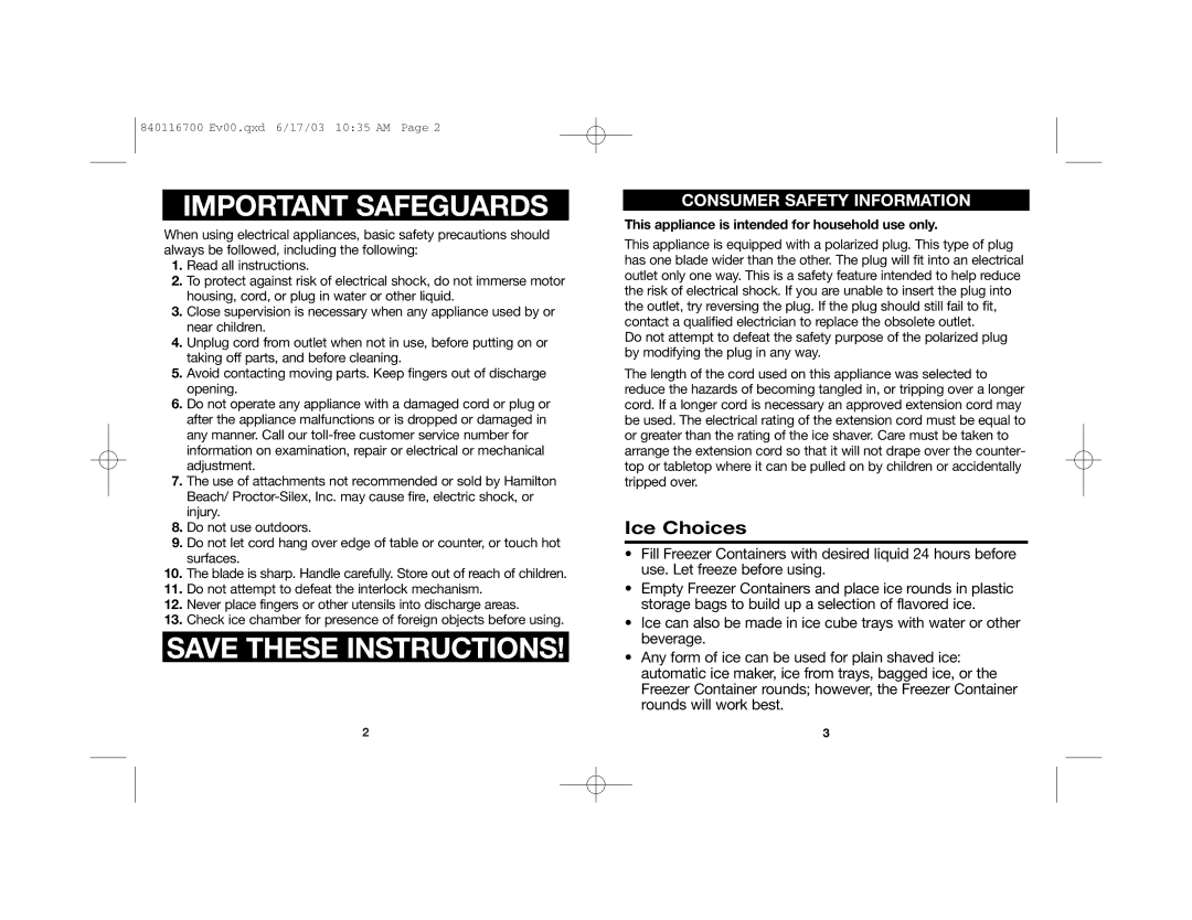 Hamilton Beach 68010 manual Important Safeguards, Ice Choices 