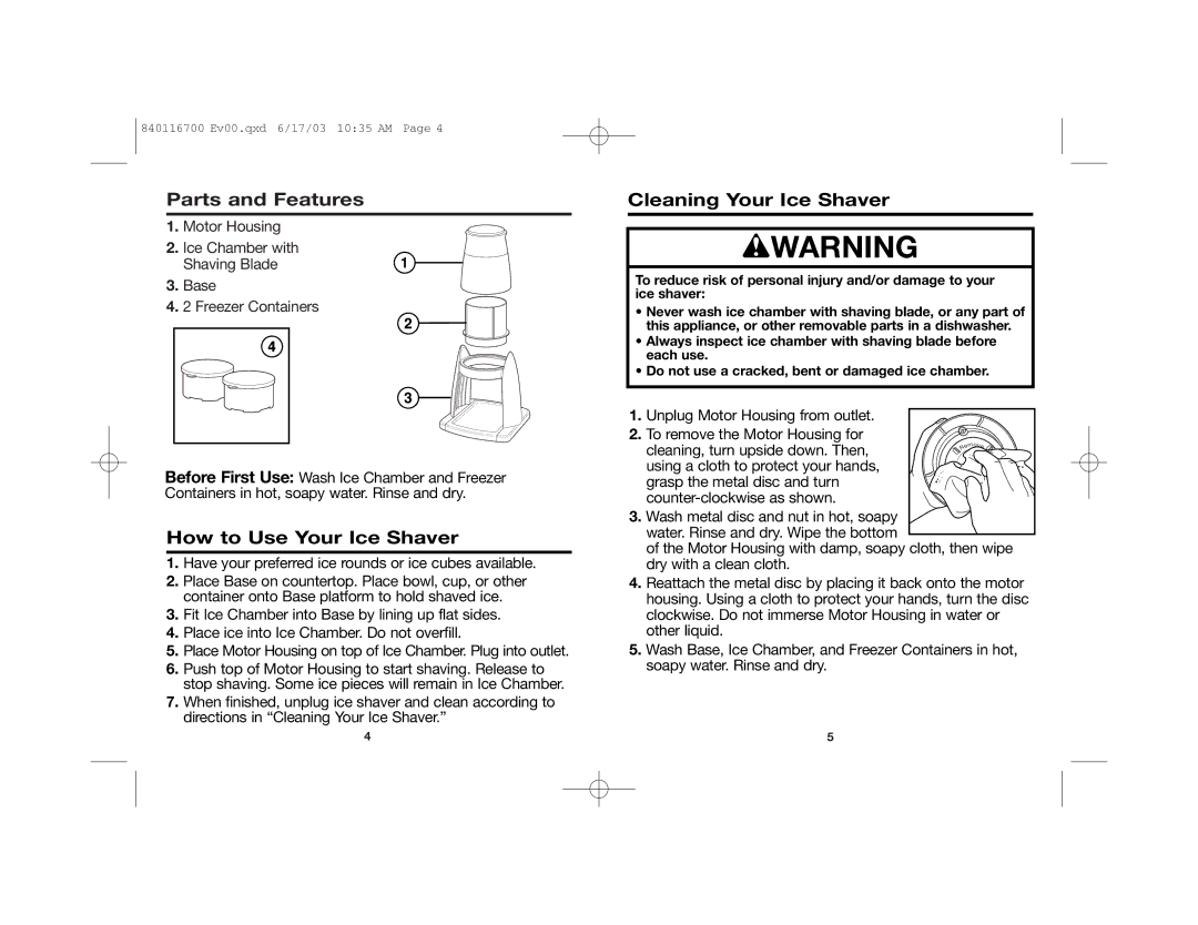 Hamilton Beach 68010 manual Parts and Features, How to Use Your Ice Shaver, Cleaning Your Ice Shaver 