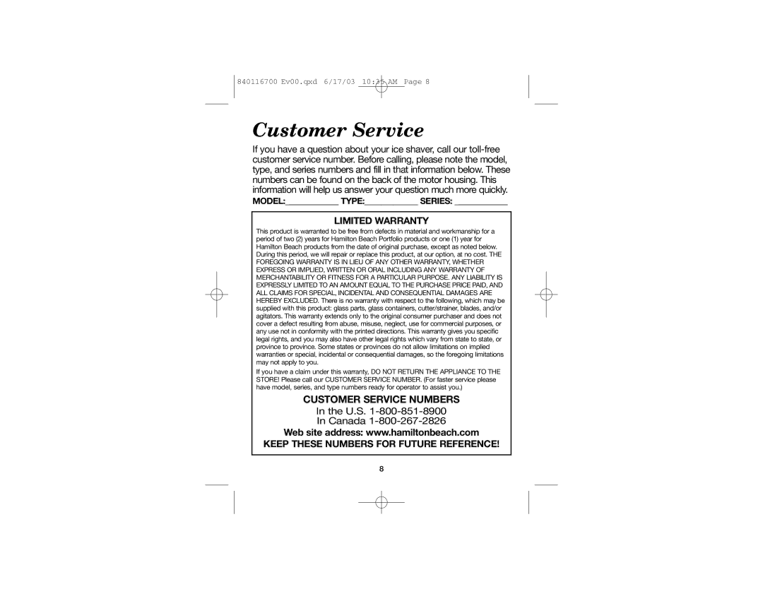 Hamilton Beach 68010 manual Customer Service 