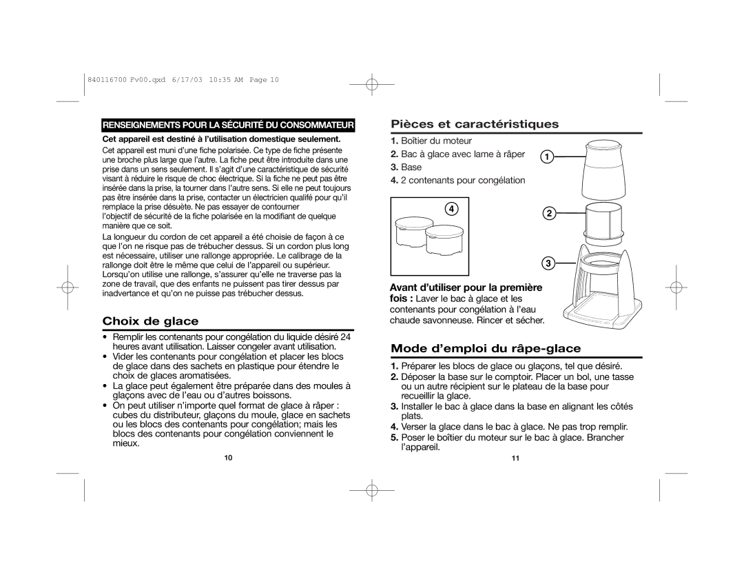 Hamilton Beach 68010 manual Choix de glace, Pièces et caractéristiques, Mode d’emploi du râpe-glace 