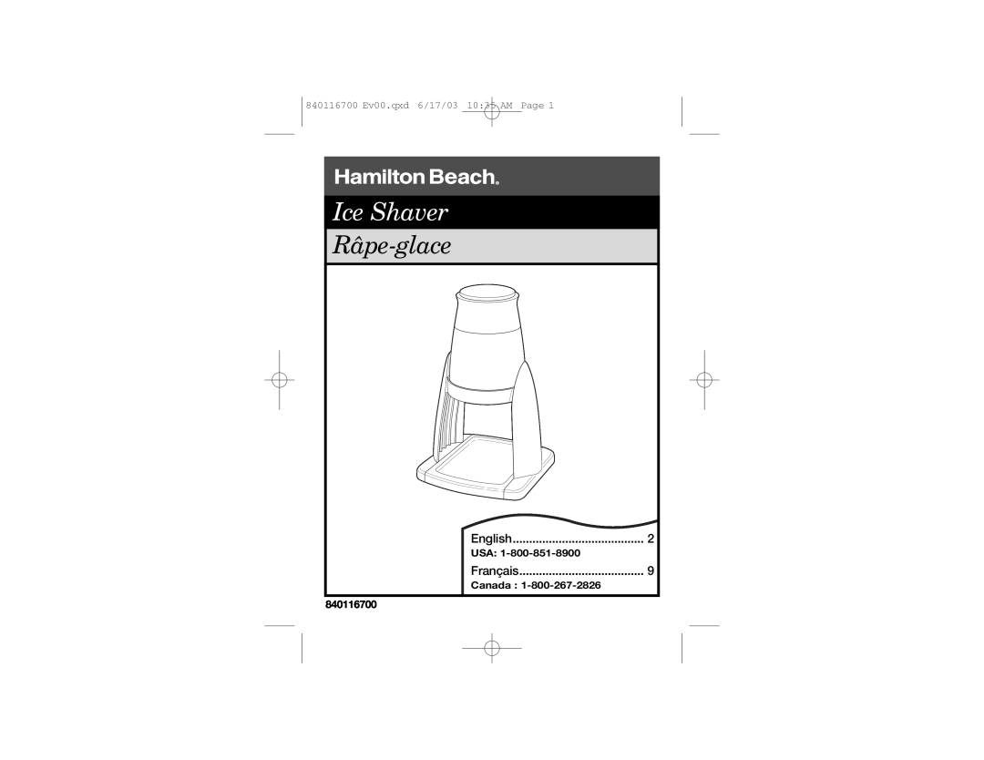Hamilton Beach 68010 manual Ice Shaver, Râpe-glace, 840116700 Ev00.qxd 6/17/03 10 35 AM Page 