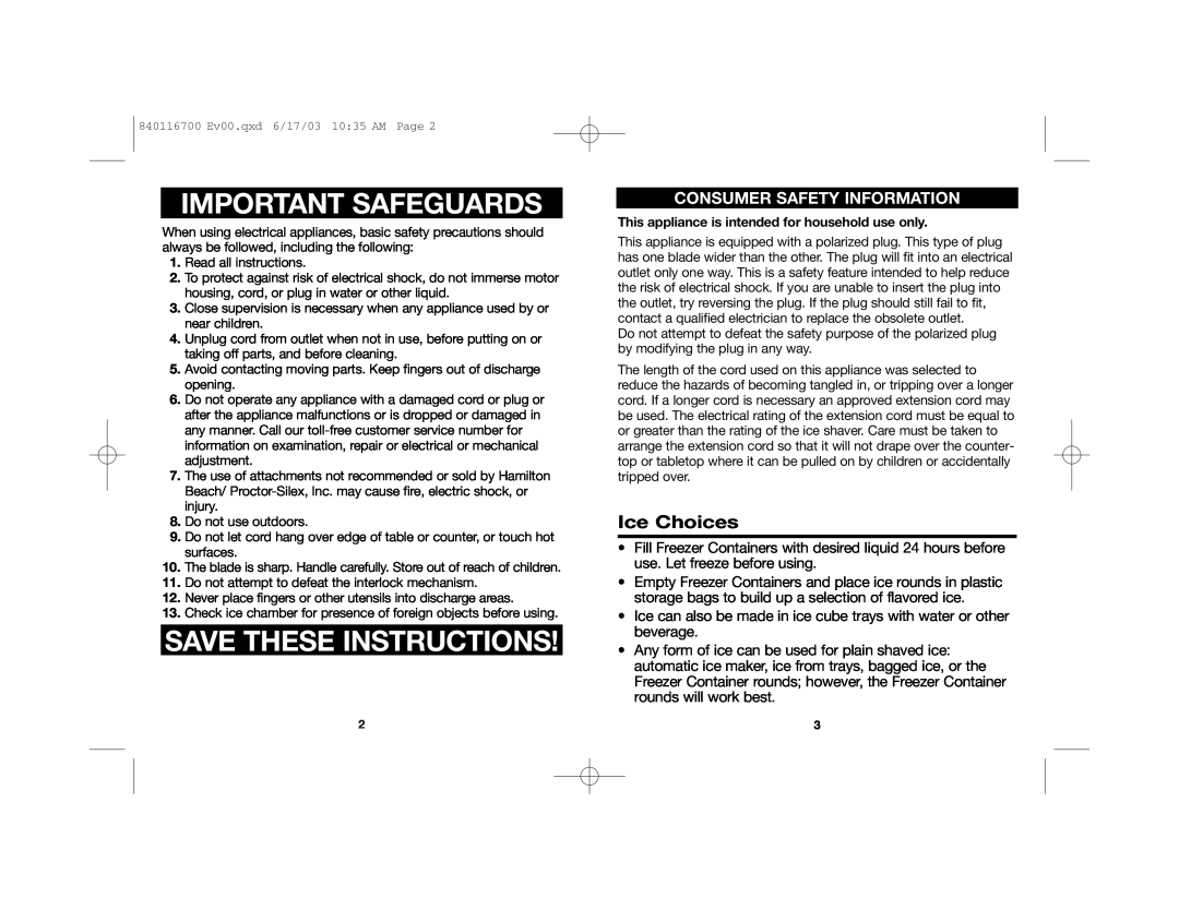 Hamilton Beach 68010 manual Important Safeguards, Save These Instructions, Ice Choices, Consumer Safety Information 