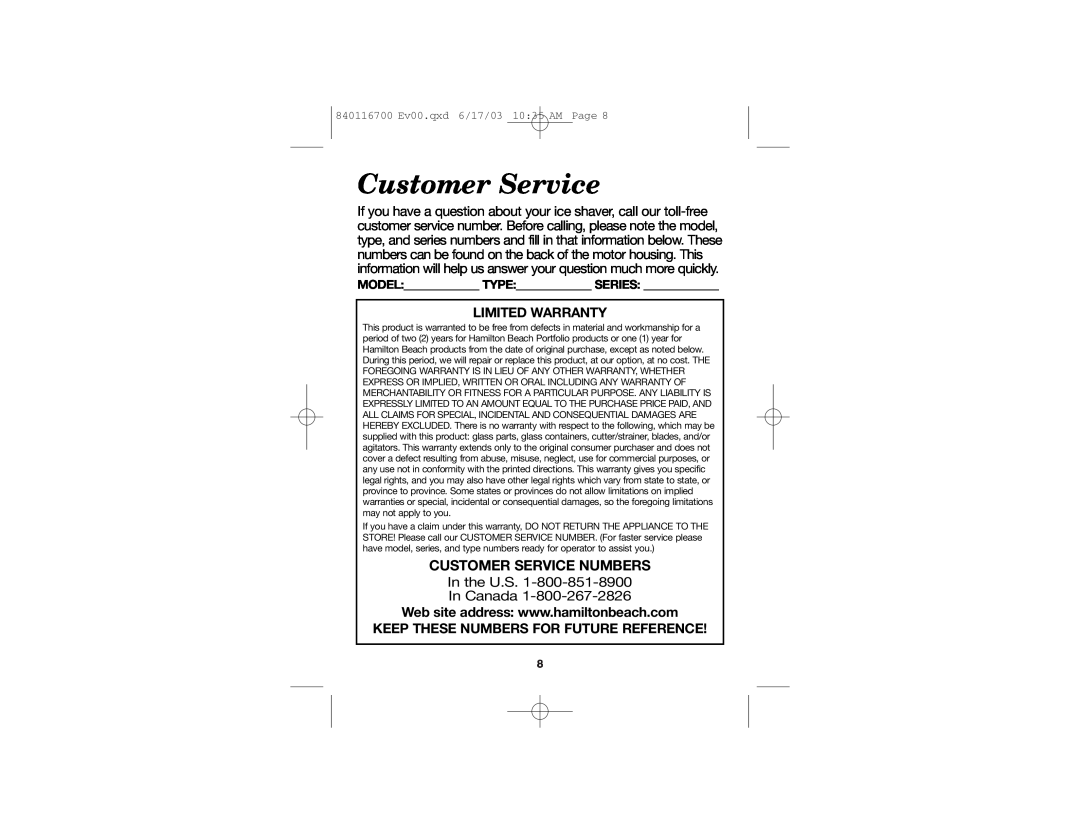 Hamilton Beach 68010 manual In the U.S. In Canada, Customer Service Numbers, 840116700 Ev00.qxd 6/17/03 10 35 AM Page 