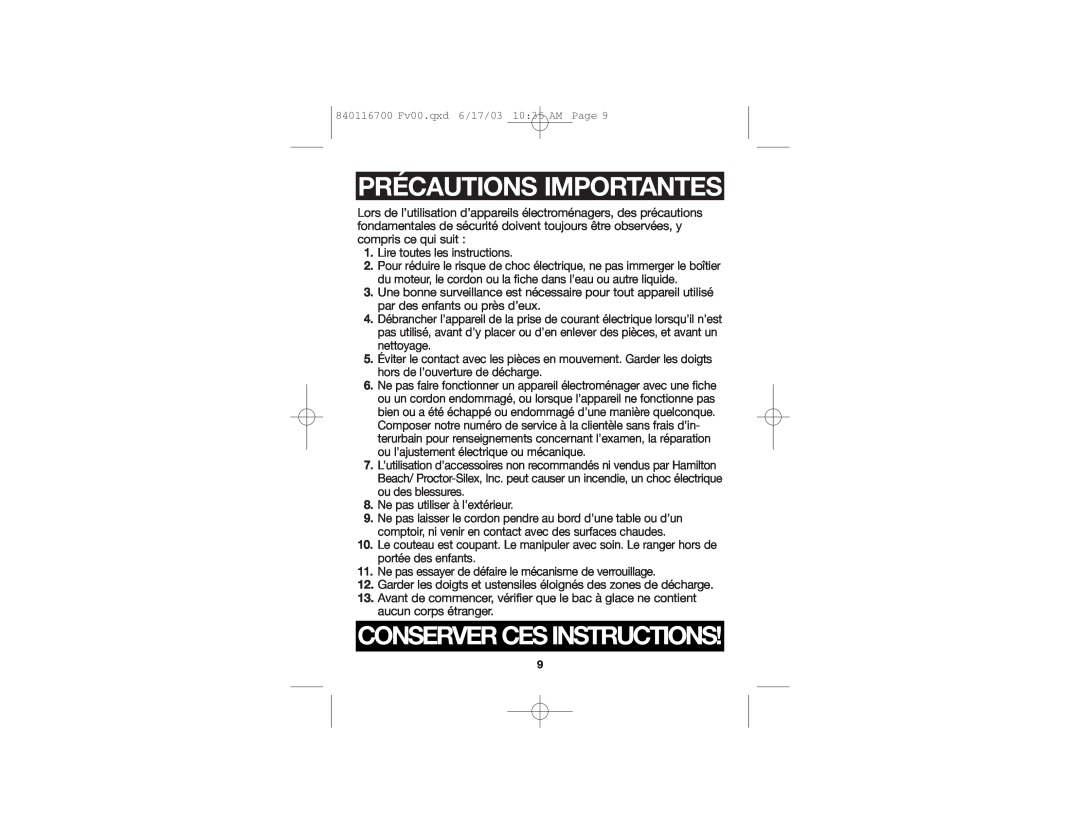 Hamilton Beach 68010 manual Précautions Importantes, Conserver Ces Instructions, 840116700 Fv00.qxd 6/17/03 10 35 AM Page 