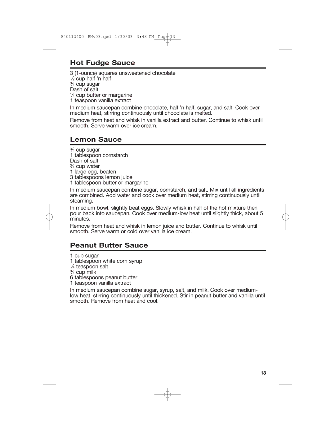 Hamilton Beach 68120 manual Hot Fudge Sauce, Lemon Sauce, Peanut Butter Sauce 