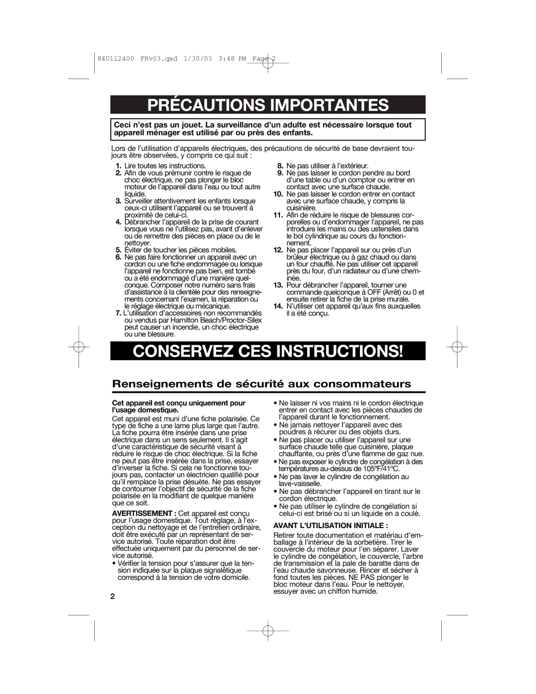 Hamilton Beach 68120 manual Précautions Importantes, Renseignements de sécurité aux consommateurs 