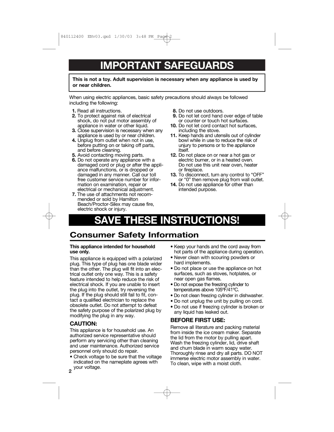 Hamilton Beach 68120 manual Important Safeguards, Consumer Safety Information 