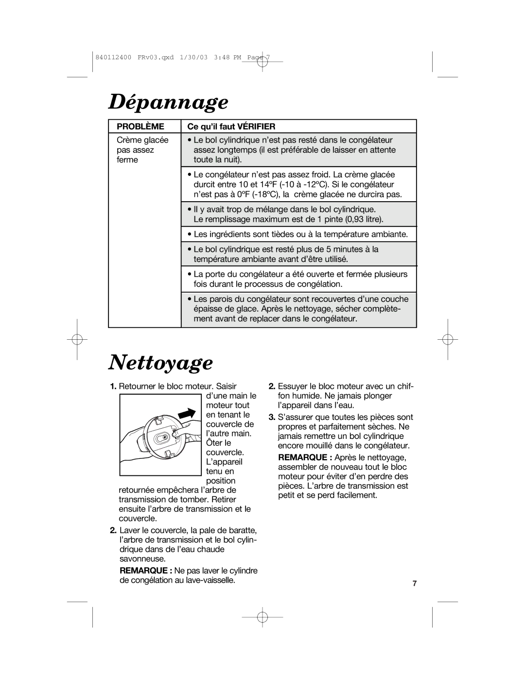 Hamilton Beach 68120 manual Dépannage, Nettoyage 