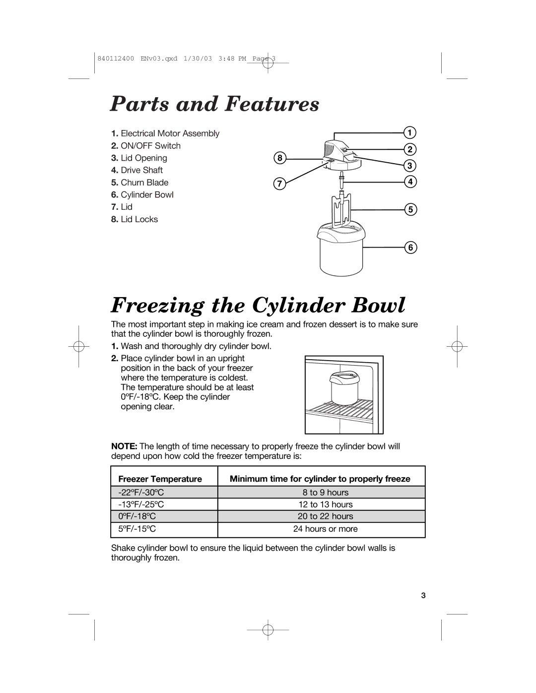 Hamilton Beach 68120 manual Parts and Features, Freezing the Cylinder Bowl 