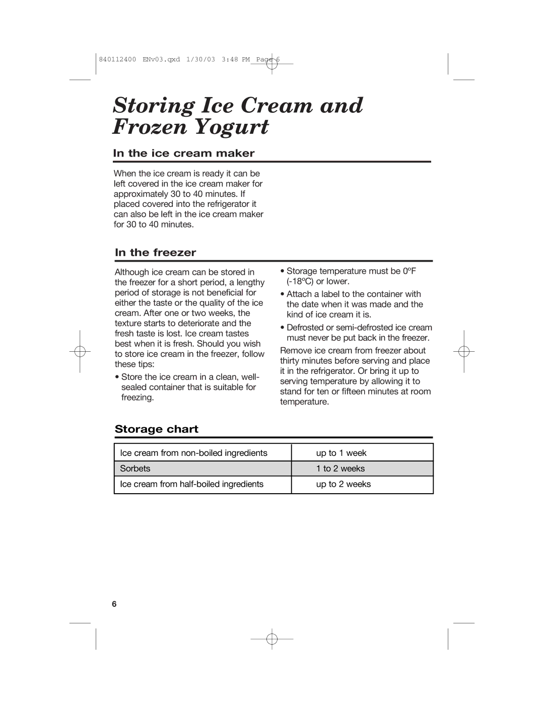 Hamilton Beach 68120 manual Storing Ice Cream and Frozen Yogurt, Ice cream maker, Freezer, Storage chart 