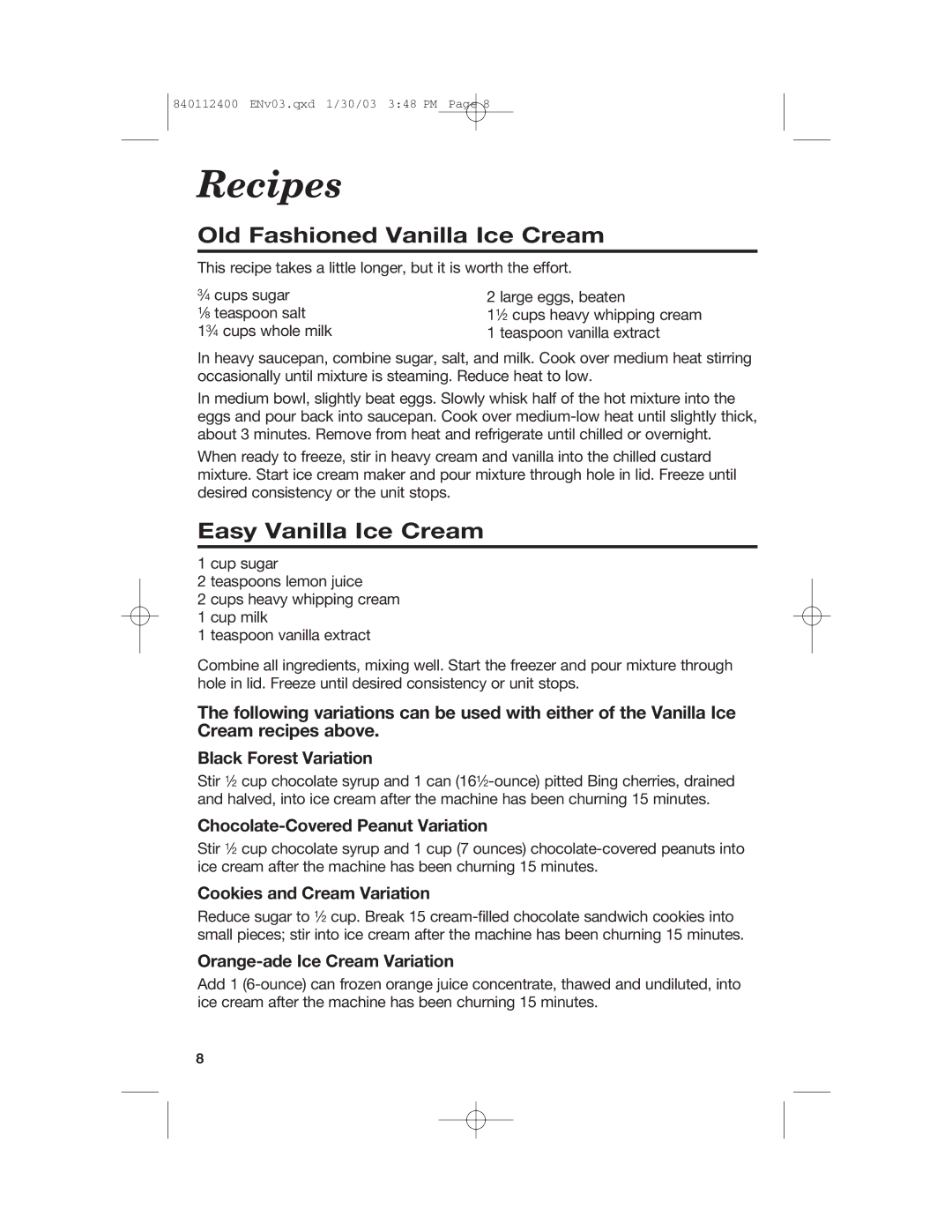 Hamilton Beach 68120 manual Recipes, Old Fashioned Vanilla Ice Cream, Easy Vanilla Ice Cream 