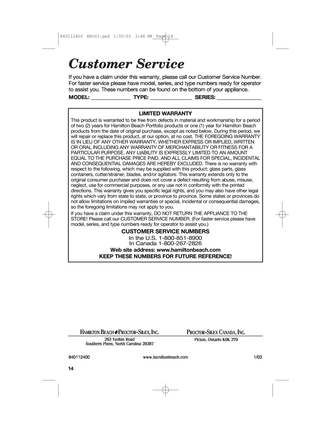 Hamilton Beach 68120 manual Customer Service Numbers, Model Type Series Limited Warranty, Proctor -Silex , Inc 
