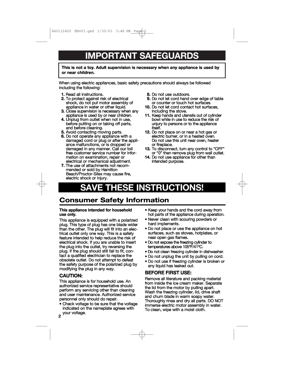 Hamilton Beach 68120 manual Important Safeguards, Save These Instructions, Consumer Safety Information, Before First Use 