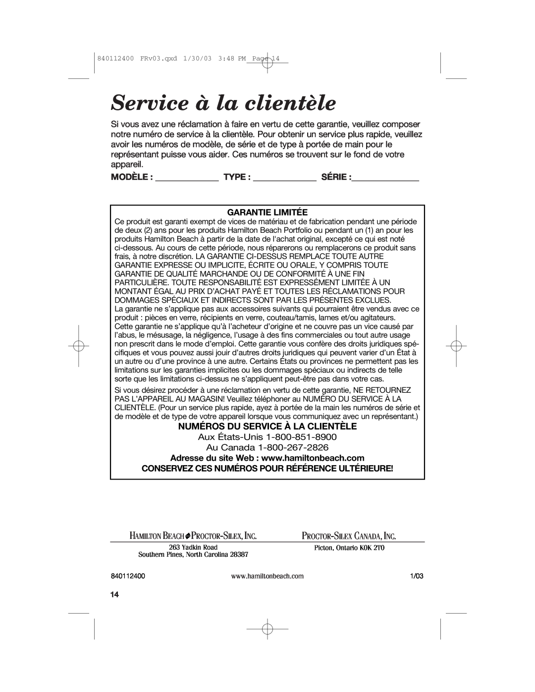 Hamilton Beach 68120 manual Service à la clientèle, Numéros Du Service À La Clientèle, Modèle Type Série Garantie Limitée 