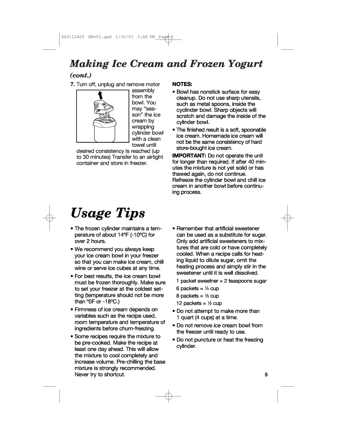 Hamilton Beach 68120 manual Usage Tips, cont, Making Ice Cream and Frozen Yogurt 