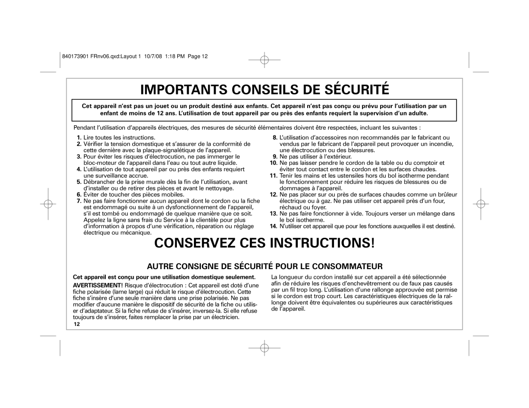 Hamilton Beach 68320 manual Importants Conseils DE Sécurité 