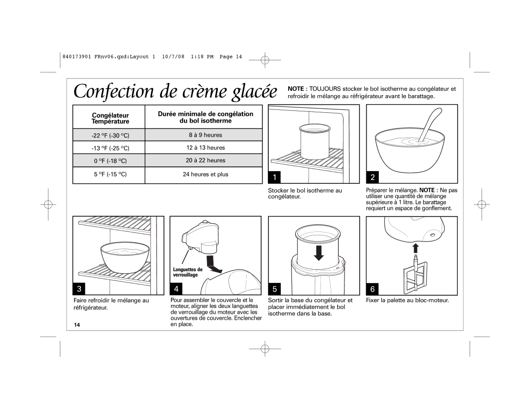 Hamilton Beach 68320 manual Refroidir le mélange au réfrigérateur avant le barattage, ºF -18 ºC, ºF -15 ºC 
