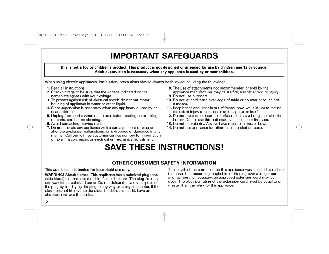 Hamilton Beach 68320 manual Important Safeguards, This appliance is intended for household use only 