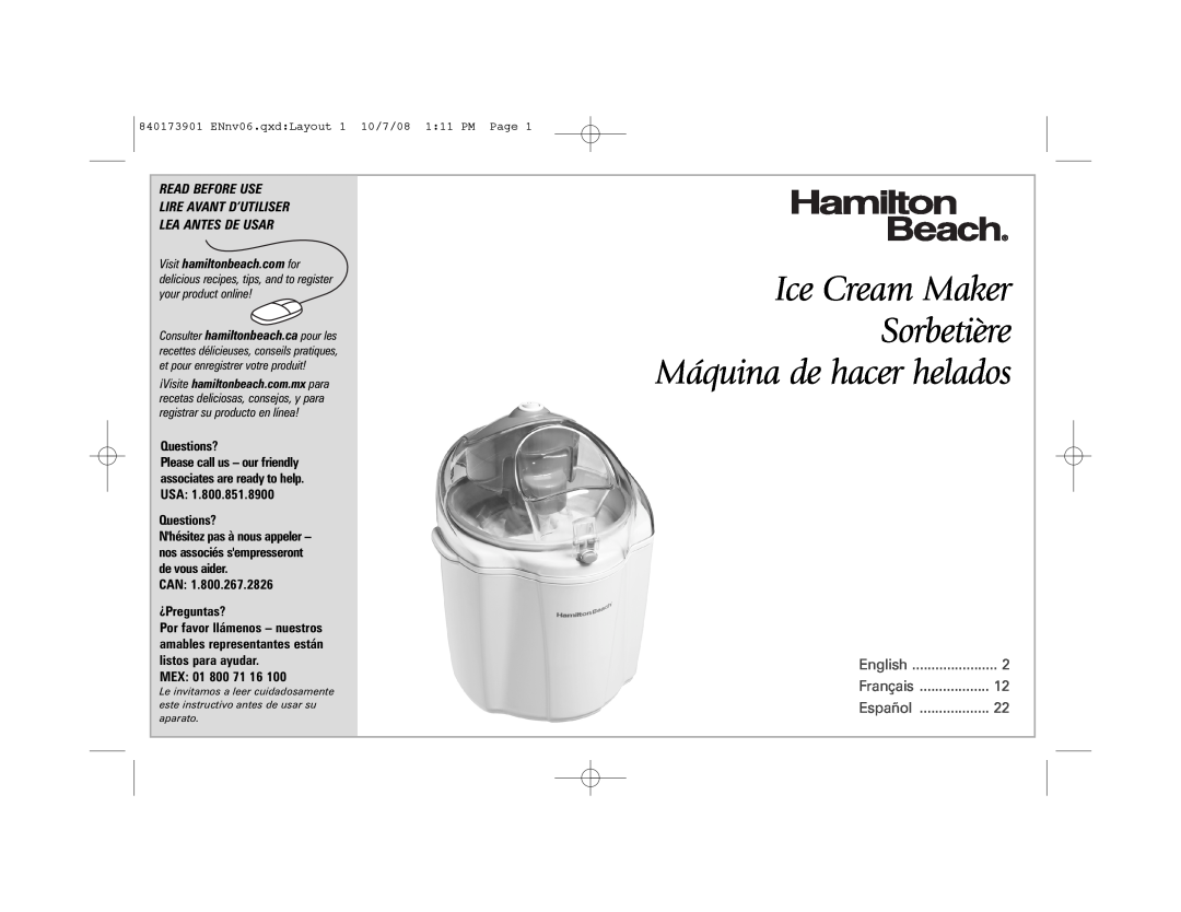 Hamilton Beach 68320 manual Ice Cream Maker Sorbetière Máquina de hacer helados, Questions?, CAN ¿Preguntas?, Mex, English 