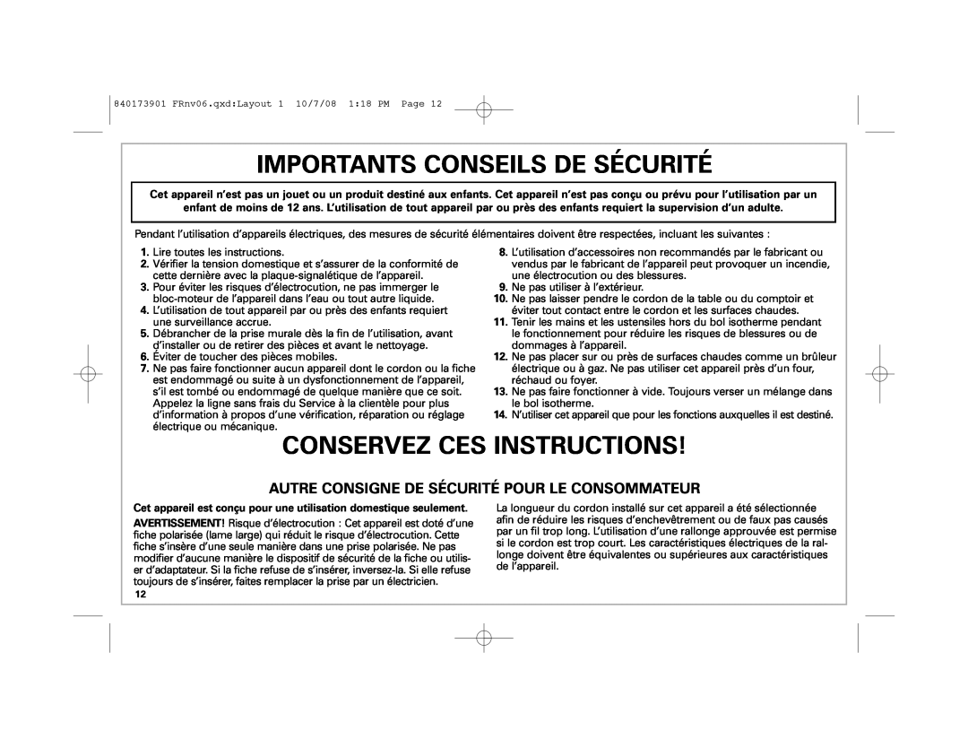 Hamilton Beach 68320 manual Importants Conseils De Sécurité, Conservez Ces Instructions 