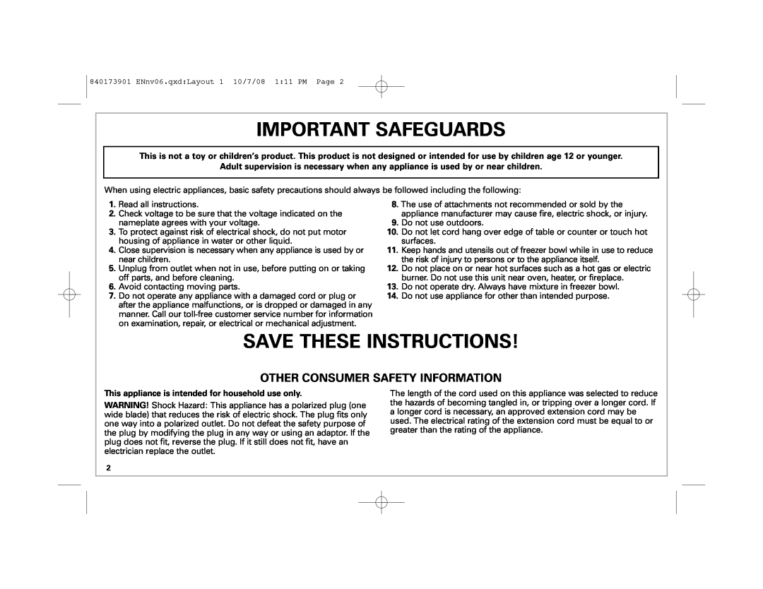 Hamilton Beach 68320 manual Important Safeguards, Save These Instructions, Other Consumer Safety Information 