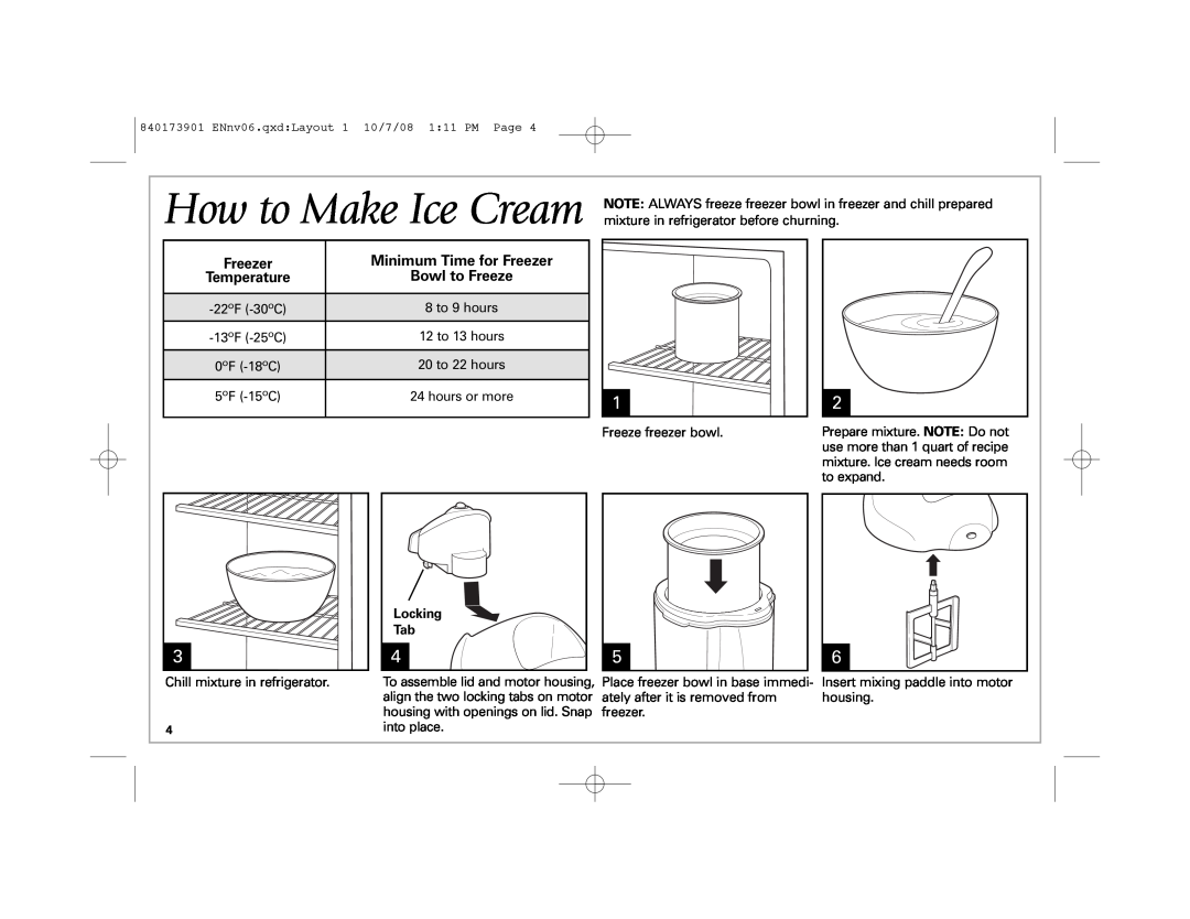 Hamilton Beach 68320 manual How to Make Ice Cream, Minimum Time for Freezer, Temperature, Bowl to Freeze, Locking Tab 