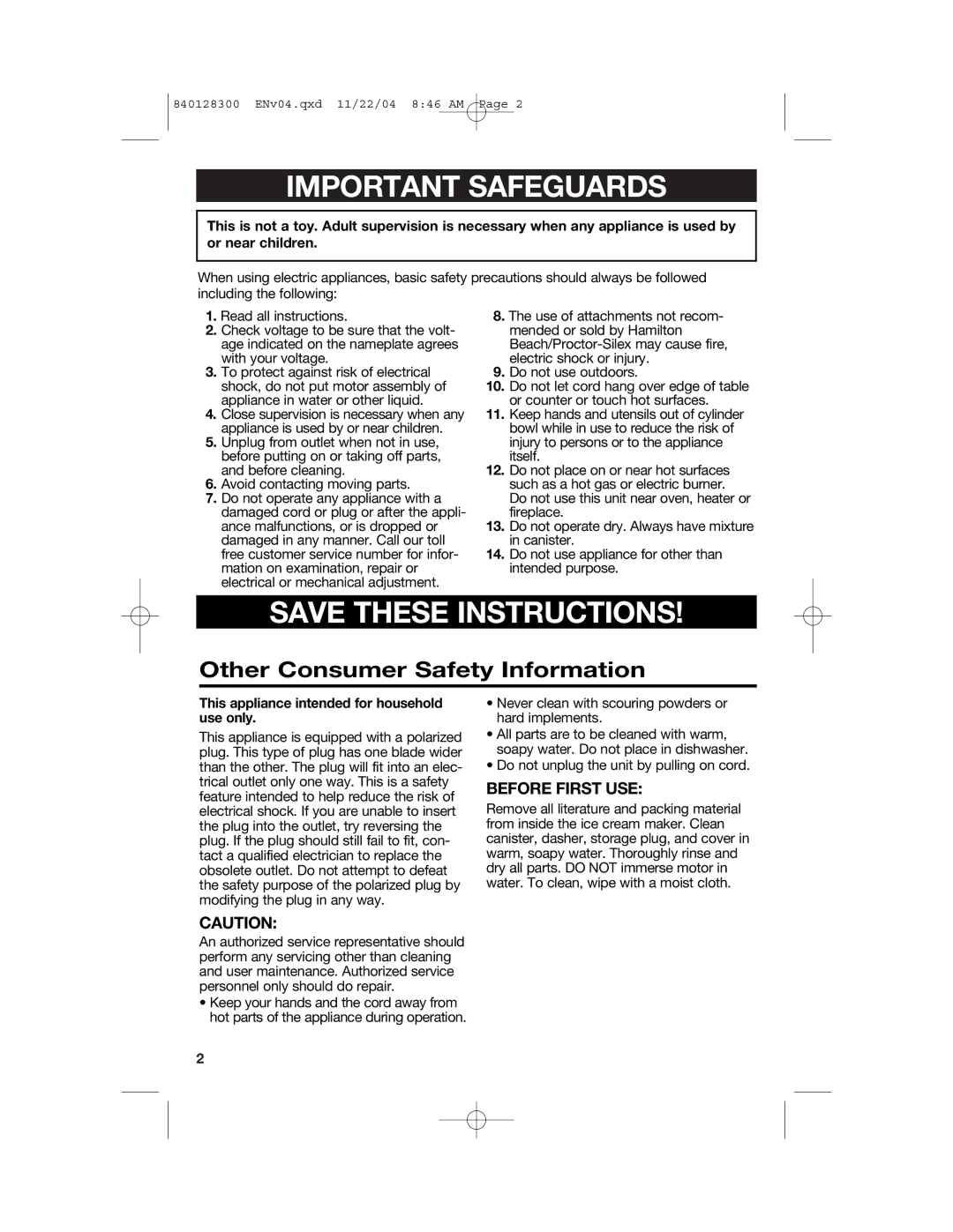 Hamilton Beach 68330 manual Important Safeguards 