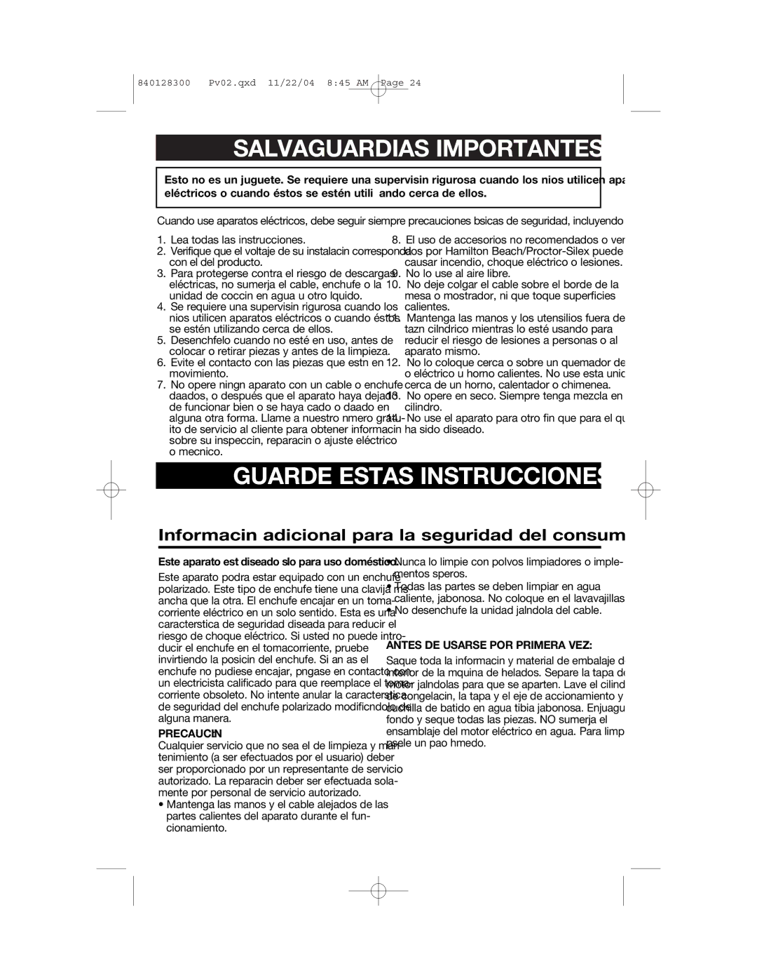 Hamilton Beach 68330 manual Salvaguardias Importantes 