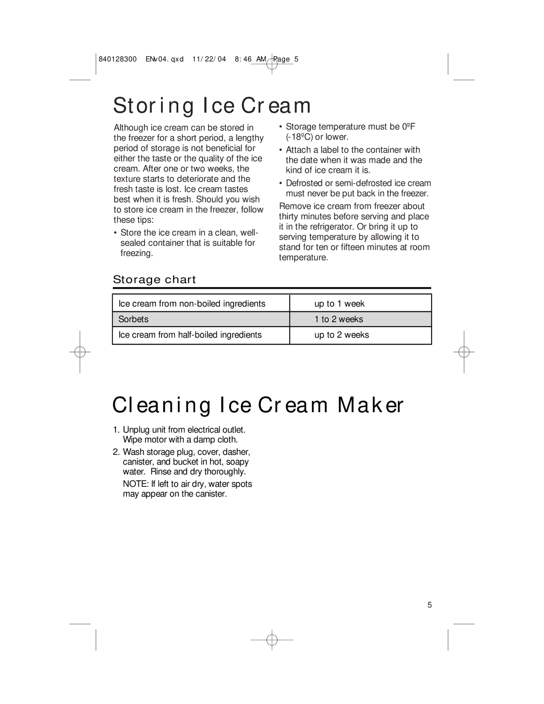 Hamilton Beach 68330 manual Storing Ice Cream, Cleaning Ice Cream Maker, Storage chart 