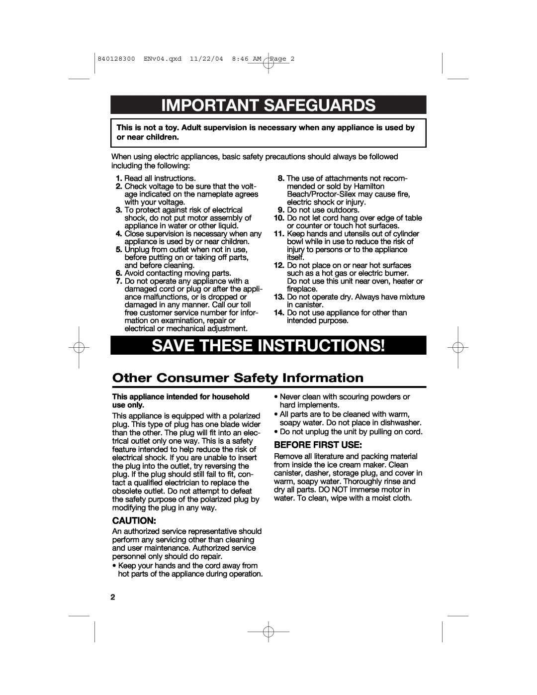 Hamilton Beach 68330 Important Safeguards, Save These Instructions, Other Consumer Safety Information, Before First Use 
