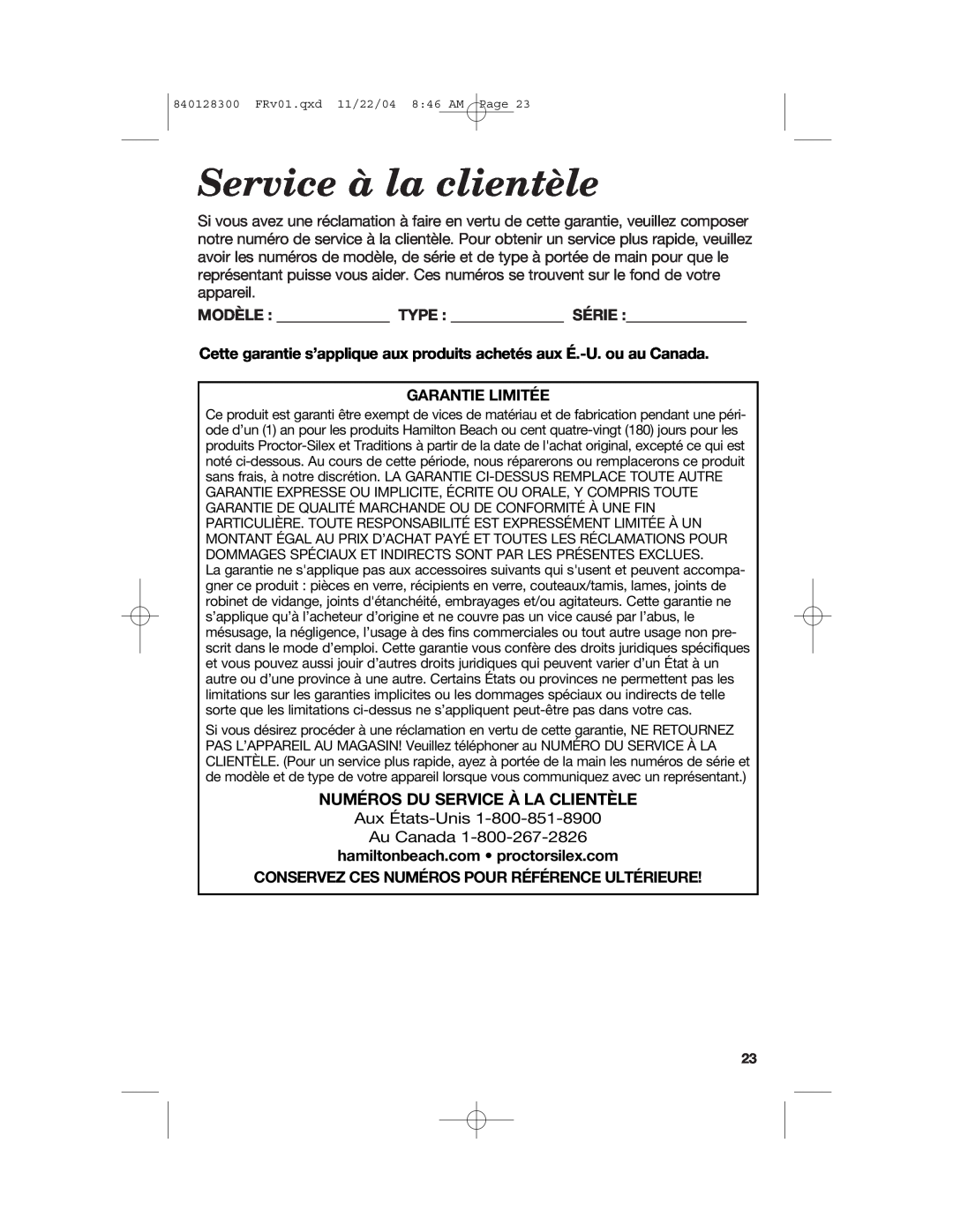 Hamilton Beach 68330 manual Service à la clientèle, Numéros Du Service À La Clientèle, Garantie Limitée 